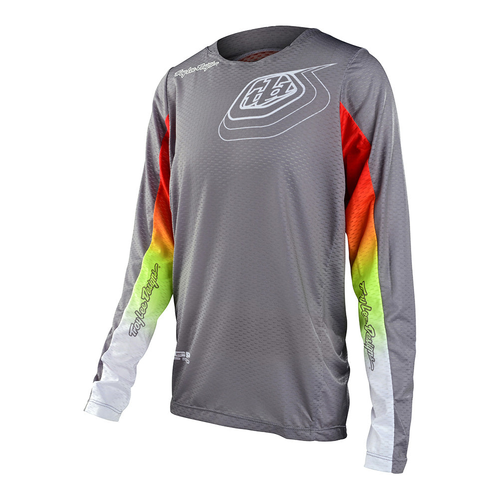 Maillot Juvenil GP Pro Air Richter Plata/Fuego Troy Lee Designs, Transpirable de Alto Rendimiento